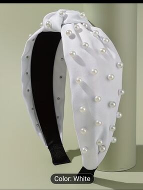 Wide Brim Knotted Head Band Faux Pearl Accents, White